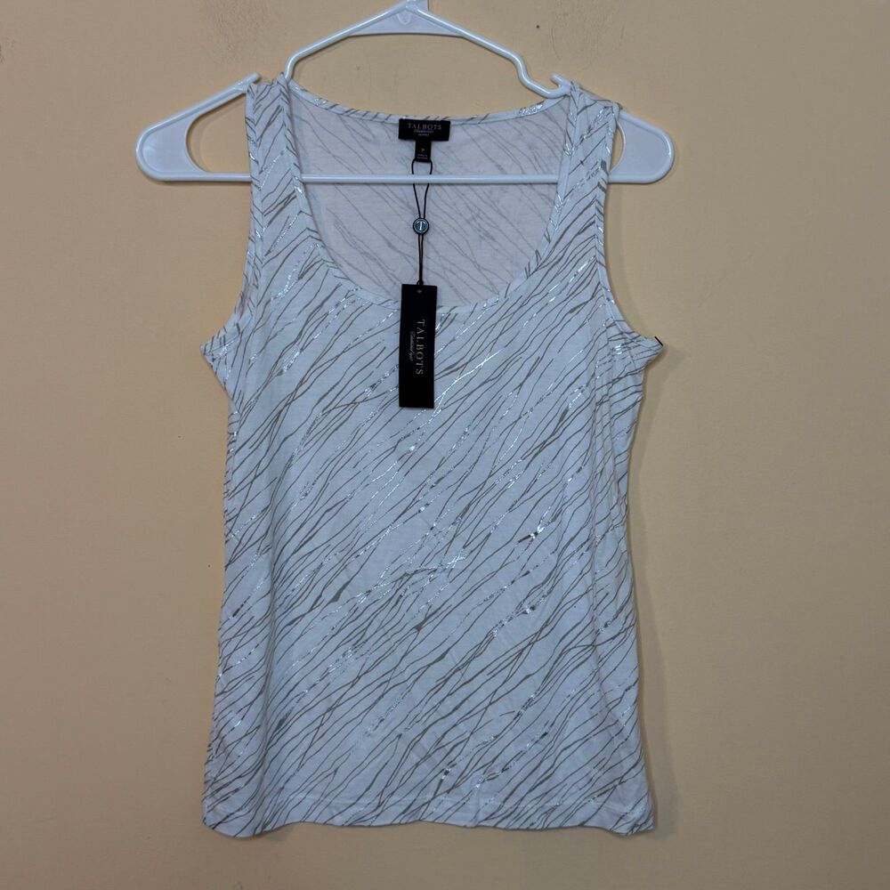 NWT Talbots petites white and silver metallic abstract print scoop-neck tank top